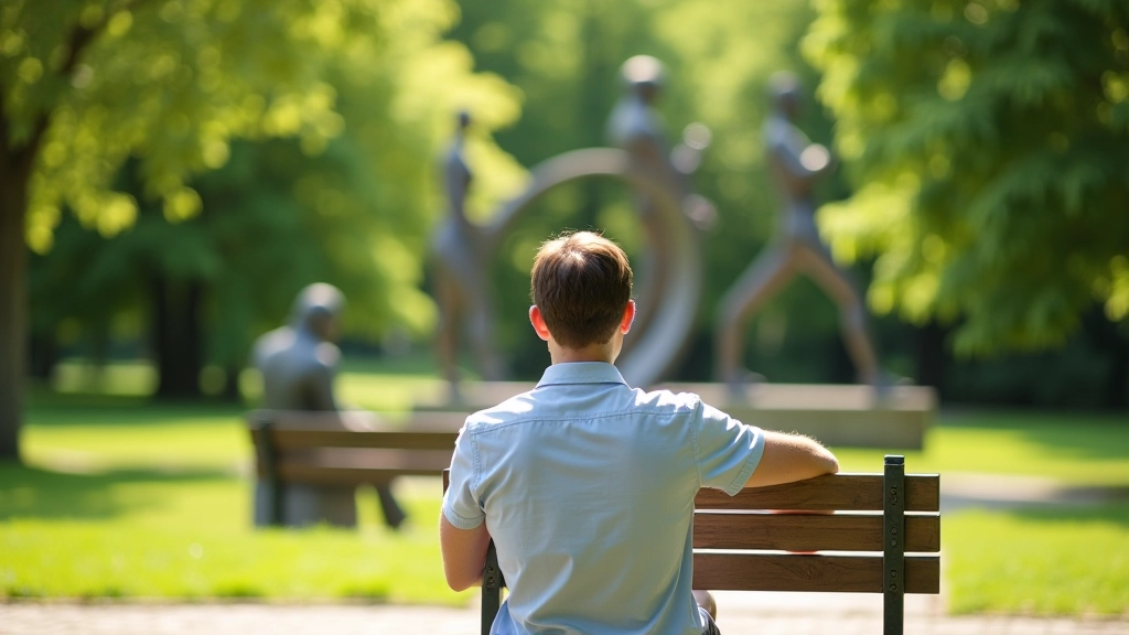 Žmogus sėdi prie skulptūros Europos parke, žiūri aplinką